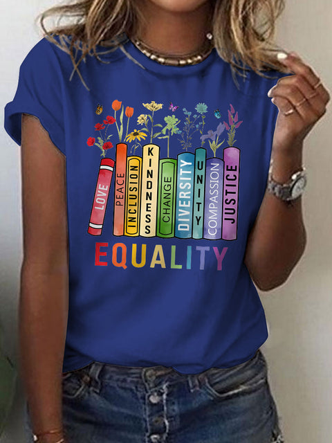 Equal Rights Book Flower Social Justice Rainbow Art Casual Print T-shirt