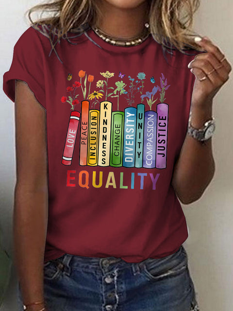 Equal Rights Book Flower Social Justice Rainbow Art Casual Print T-shirt