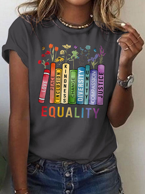 Equal Rights Book Flower Social Justice Rainbow Art Casual Print T-shirt