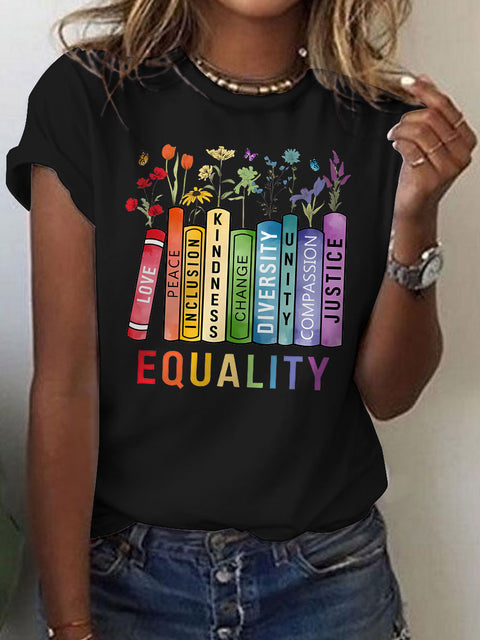 Equal Rights Book Flower Social Justice Rainbow Art Casual Print T-shirt