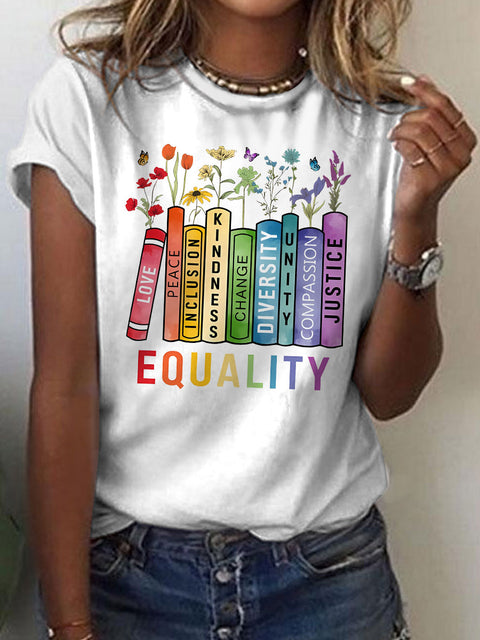 Equal Rights Book Flower Social Justice Rainbow Art Casual Print T-shirt
