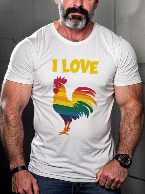 LGBT I Love Cock Pride Rainbow Rooster Pride Month Art Casual Print T-shirt
