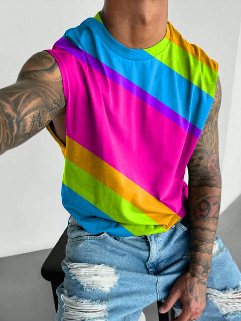 Men's Pride Month LGBT Rainbow Stripe Gay Wide Shoulder Vest