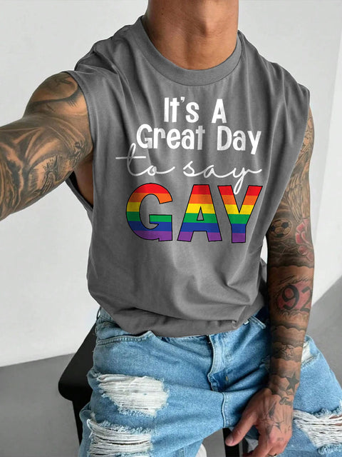 Men's LGBT Gay Pride It's A Great Day To Say Gay Print Casual Wide Shoulder Vest