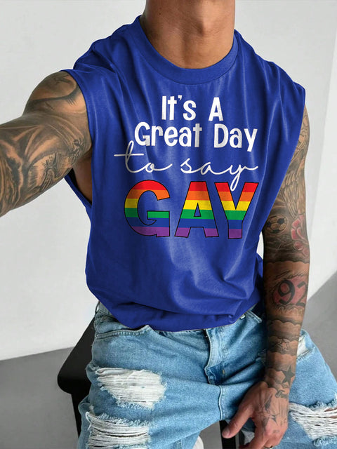 Men's LGBT Gay Pride It's A Great Day To Say Gay Print Casual Wide Shoulder Vest