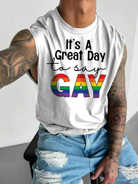 Men's LGBT Gay Pride It's A Great Day To Say Gay Print Casual Wide Shoulder Vest