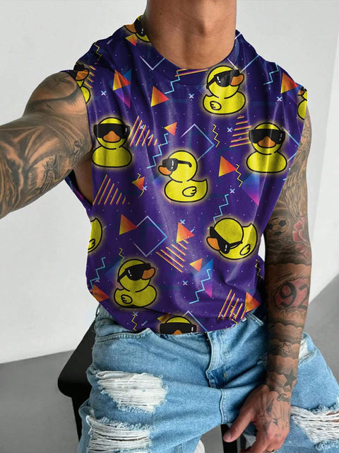 Men's LGBT Pride Funny Neon Rubber Duck Pattern Print Wide Shoulder Vest