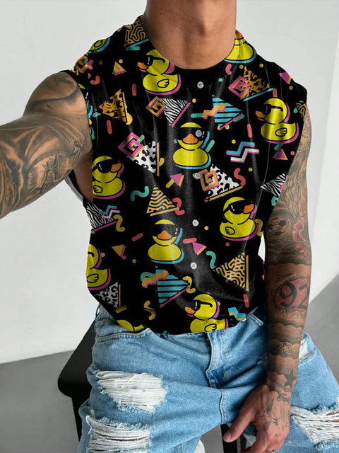 Men's LGBT Pride Rubber Duck Duckies Bowling Black Shape Pattern Print Wide Shoulder Vest
