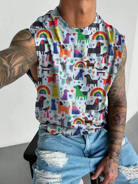 Men's LGBT Pride Dog Cartoons Inclusive Pansexual Bisexual Gay Lesbian Asexual Trans Flags Dogs Pattern Print Wide Shoulder Vest