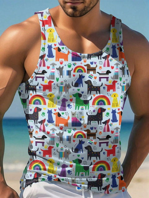 Men's LGBT Pride Dog Cartoons Inclusive Pansexual Bisexual Gay Lesbian Asexual Trans Flags Dogs Pattern Print Casual Tank Top