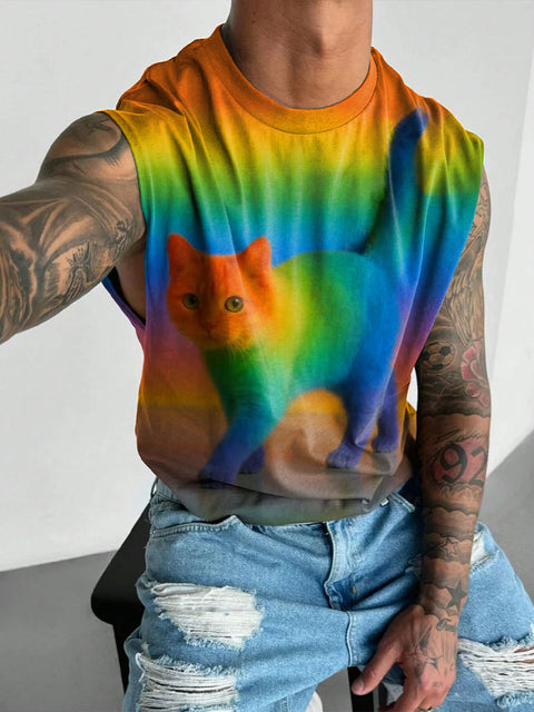 Rainbow Gradient Funny Cat Art Print Wide Shoulder Vest