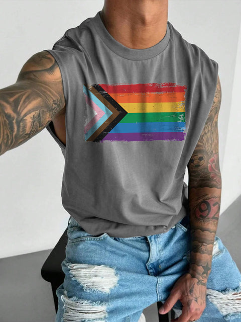 Men's LGBT Progress Pride Flag Rainbow Gay Print Casual Wide Shoulder Vest