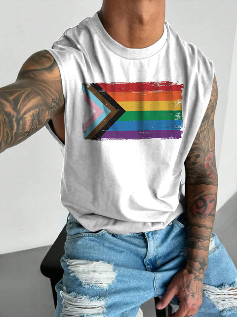 Men's LGBT Progress Pride Flag Rainbow Gay Print Casual Wide Shoulder Vest