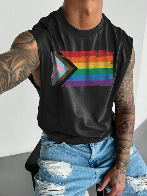 Men's LGBT Progress Pride Flag Rainbow Gay Print Casual Wide Shoulder Vest