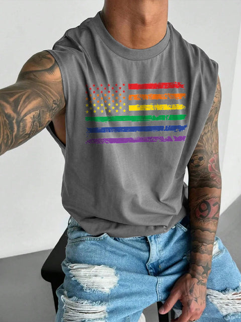 Men's LGBT Pride Month American Flag Rainbow Gay Print Casual Wide Shoulder Vest