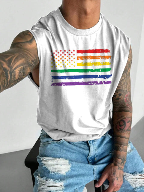 Men's LGBT Pride Month American Flag Rainbow Gay Print Casual Wide Shoulder Vest