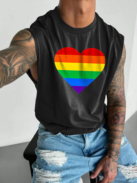Men's LGBT Gay Pride Heart Rainbow Print Casual Wide Shoulder Vest