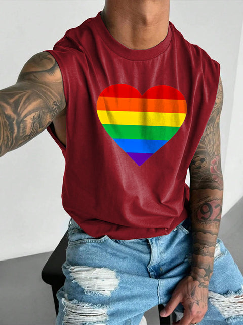 Men's LGBT Gay Pride Heart Rainbow Print Casual Wide Shoulder Vest