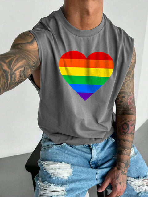 Men's LGBT Gay Pride Heart Rainbow Print Casual Wide Shoulder Vest