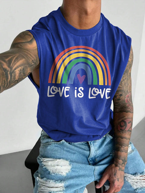 Men's LGBT Gay Pride Heart Love Is Love Shirt Rainbow Gay Print Casual Wide Shoulder Vest