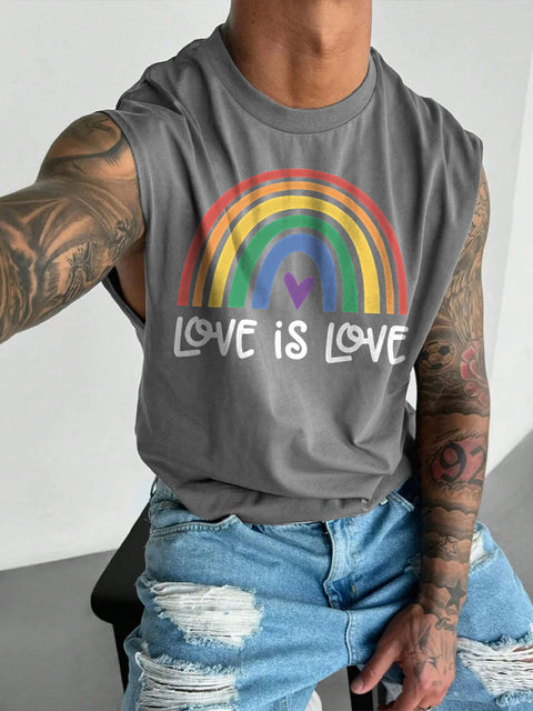 Men's LGBT Gay Pride Heart Love Is Love Shirt Rainbow Gay Print Casual Wide Shoulder Vest