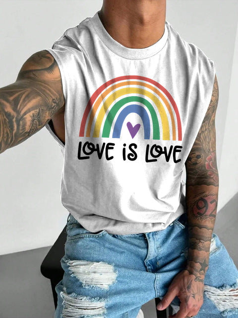 Men's LGBT Gay Pride Heart Love Is Love Shirt Rainbow Gay Print Casual Wide Shoulder Vest