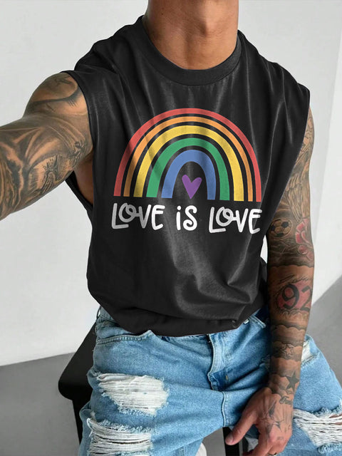 Men's LGBT Gay Pride Heart Love Is Love Shirt Rainbow Gay Print Casual Wide Shoulder Vest