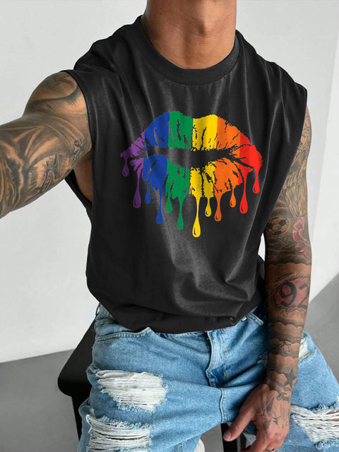 Men's LGBT Gay Pride Rainbow Pride Lips Print Casual Wide Shoulder Vest
