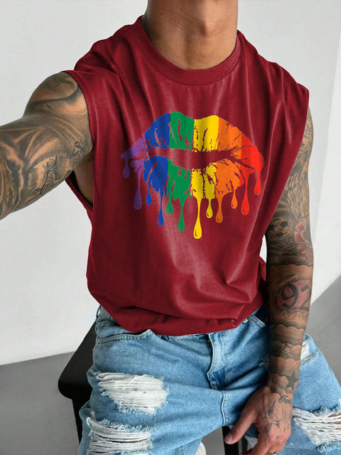 Men's LGBT Gay Pride Rainbow Pride Lips Print Casual Wide Shoulder Vest