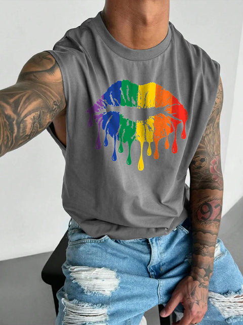 Men's LGBT Gay Pride Rainbow Pride Lips Print Casual Wide Shoulder Vest