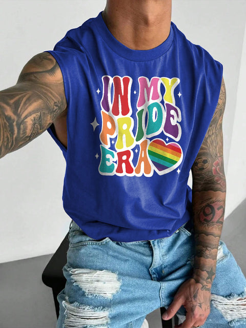 Men's LGBT Gay Pride Heart In My Pride Era Shirt Rainbow Gay Print Casual Wide Shoulder Vest
