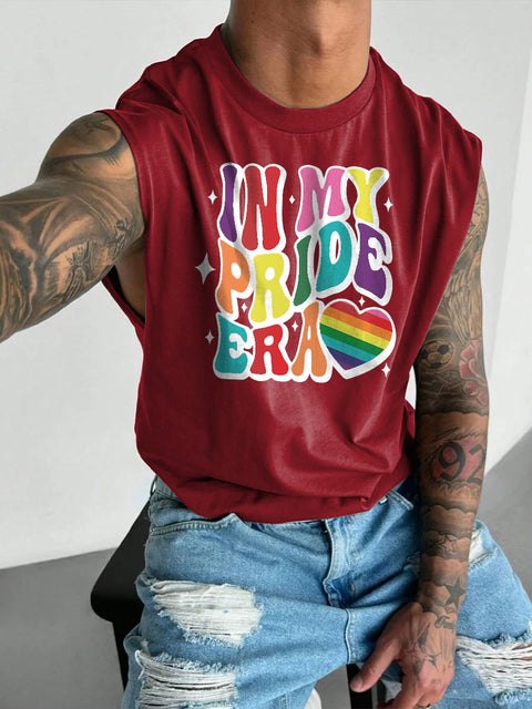 Men's LGBT Gay Pride Heart In My Pride Era Shirt Rainbow Gay Print Casual Wide Shoulder Vest
