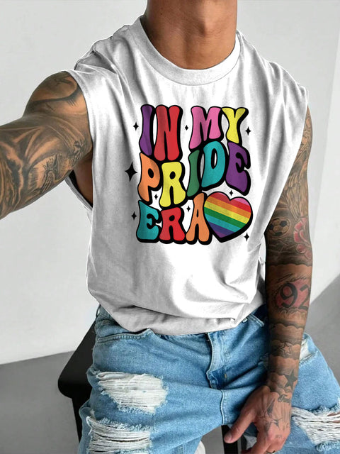 Men's LGBT Gay Pride Heart In My Pride Era Shirt Rainbow Gay Print Casual Wide Shoulder Vest