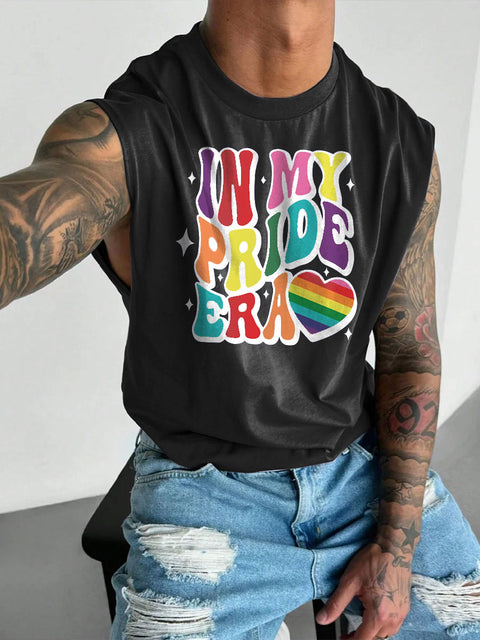 Men's LGBT Gay Pride Heart In My Pride Era Shirt Rainbow Gay Print Casual Wide Shoulder Vest