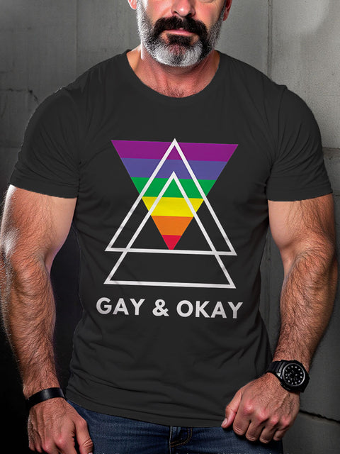 LGBT Gay Pride Gay and Okay Rainbow Geometric Triangle Queer Print Casual T-shirt