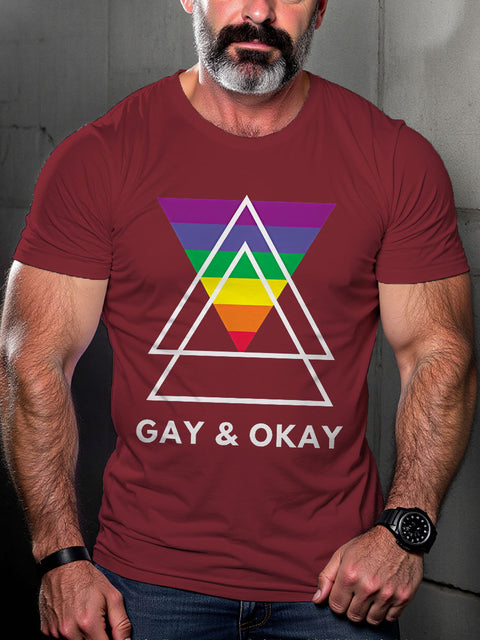 LGBT Gay Pride Gay and Okay Rainbow Geometric Triangle Queer Print Casual T-shirt