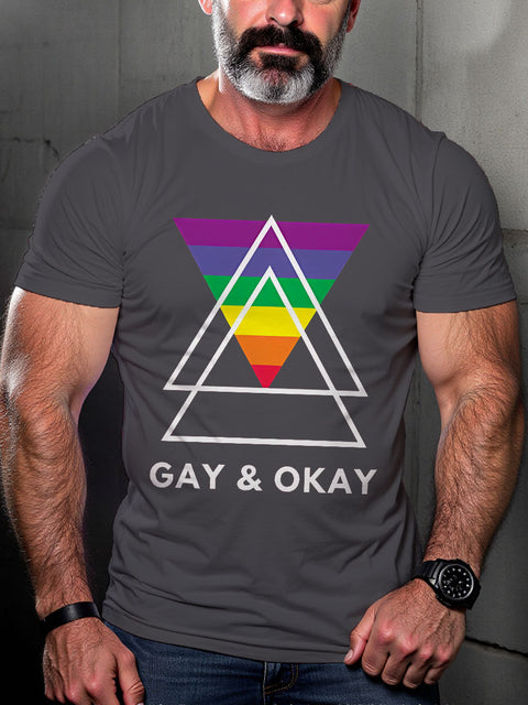 LGBT Gay Pride Gay and Okay Rainbow Geometric Triangle Queer Print Casual T-shirt