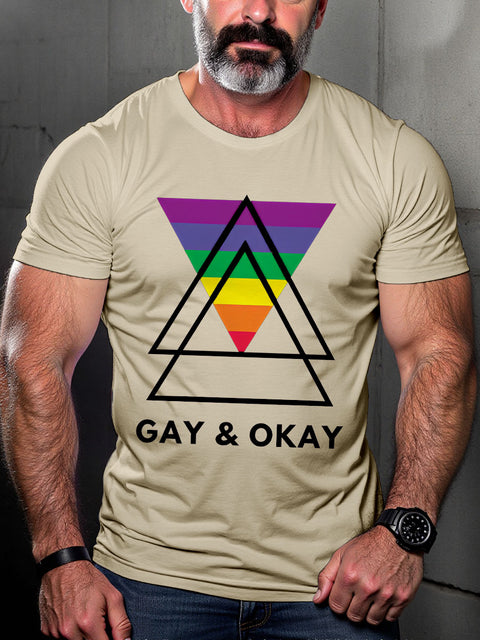 LGBT Gay Pride Gay and Okay Rainbow Geometric Triangle Queer Print Casual T-shirt