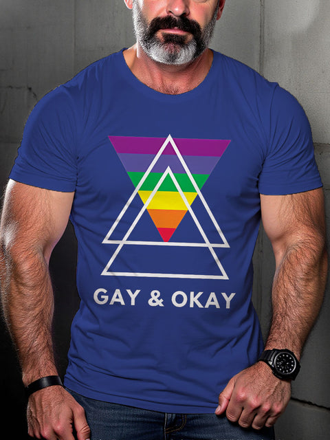 LGBT Gay Pride Gay and Okay Rainbow Geometric Triangle Queer Print Casual T-shirt