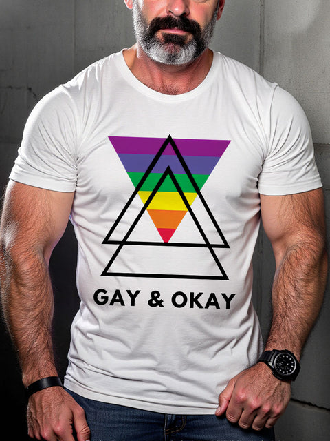 LGBT Gay Pride Gay and Okay Rainbow Geometric Triangle Queer Print Casual T-shirt