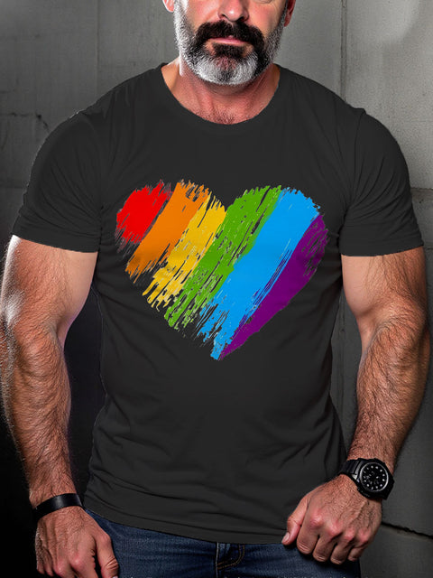LGBT Gay Pride Rainbow Heart Love Is Love Brush Stroke Heart Print Casual T-shirt