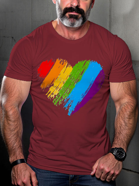 LGBT Gay Pride Rainbow Heart Love Is Love Brush Stroke Heart Print Casual T-shirt