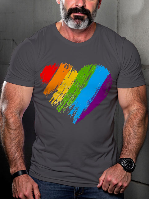 LGBT Gay Pride Rainbow Heart Love Is Love Brush Stroke Heart Print Casual T-shirt