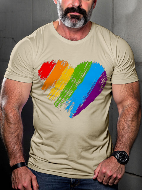 LGBT Gay Pride Rainbow Heart Love Is Love Brush Stroke Heart Print Casual T-shirt