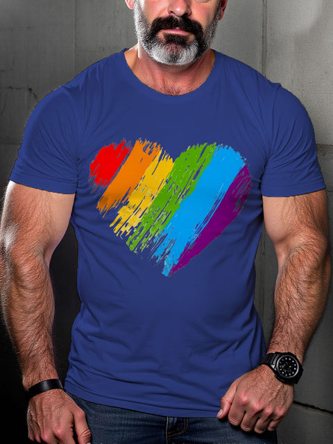 LGBT Gay Pride Rainbow Heart Love Is Love Brush Stroke Heart Print Casual T-shirt