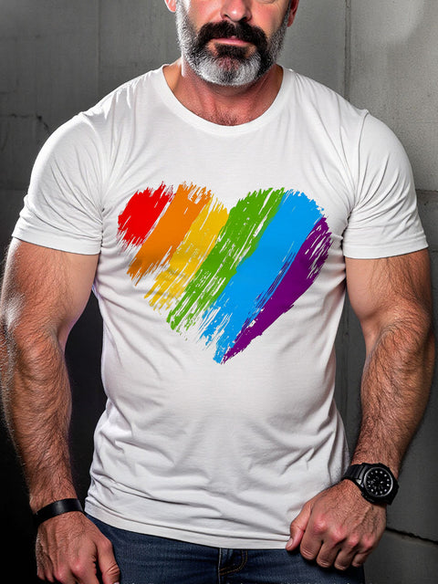 LGBT Gay Pride Rainbow Heart Love Is Love Brush Stroke Heart Print Casual T-shirt