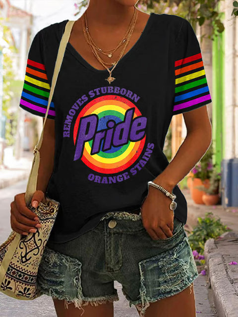 Women's Retro Pride LGBTQ Remove Stubborn Orange Stains Rainbow V-neck Casual Print T-Shirt