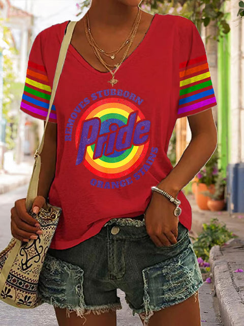 Women's Retro Pride LGBTQ Remove Stubborn Orange Stains Rainbow V-neck Casual Print T-Shirt