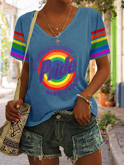 Women's Retro Pride LGBTQ Remove Stubborn Orange Stains Rainbow V-neck Casual Print T-Shirt