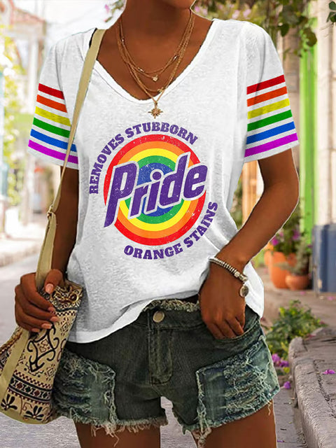 Women's Retro Pride LGBTQ Remove Stubborn Orange Stains Rainbow V-neck Casual Print T-Shirt